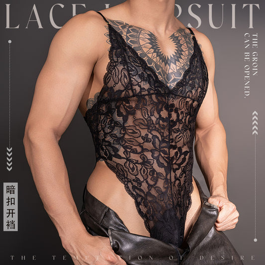 Men's Floral Lace See-Through Bodysuit
