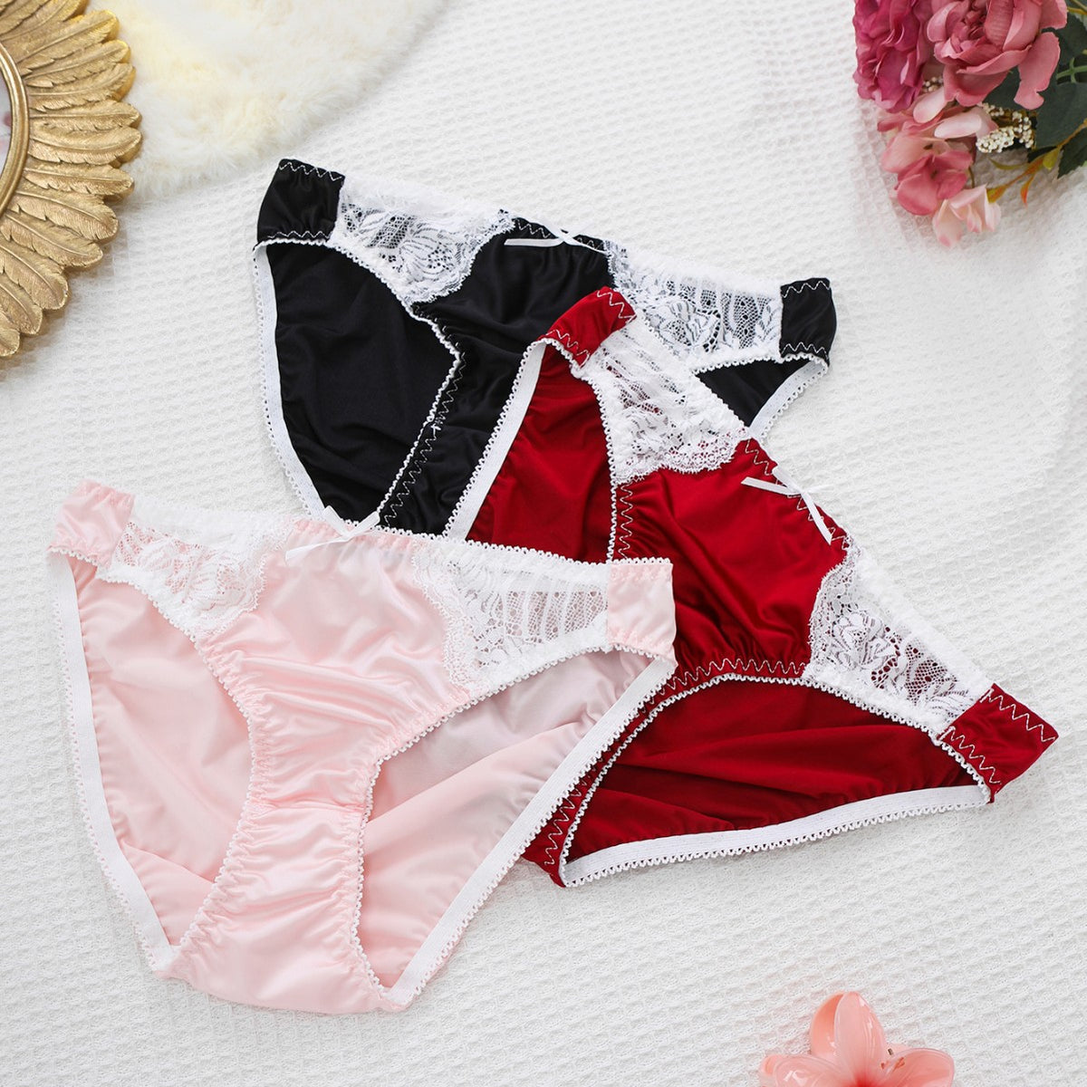 French-style glossy fabric men's underwear with comfortable elastic lace trim