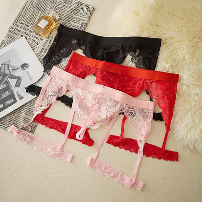 Men's floral lace tulle briefs with garter belt, breathable, comfortable, and sexy.