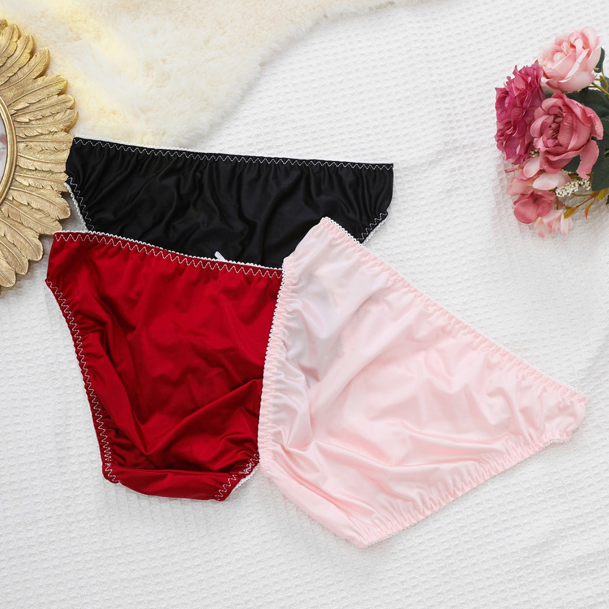 French-style glossy fabric men's underwear with comfortable elastic lace trim