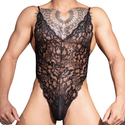 Men's Floral Lace See-Through Bodysuit
