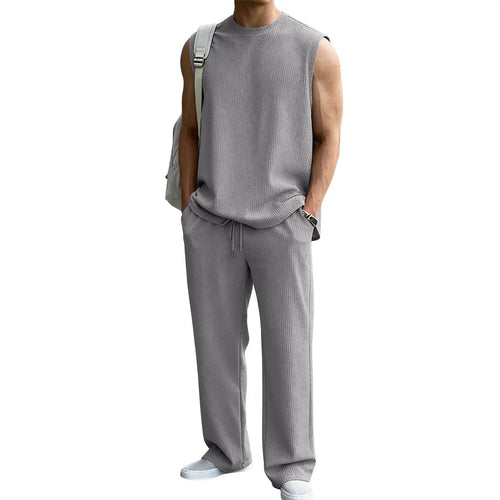 Men's 2 Piece Rib Knit Sweatsuit Summer Sleeveless Tank Top Baggy Wide Leg Pants Set - Black / S