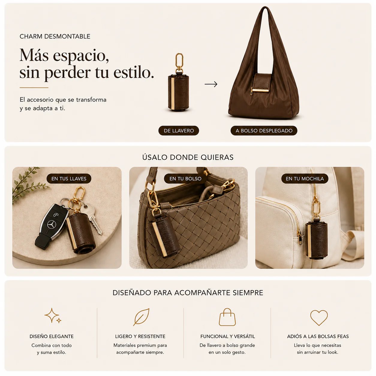 👜Varelli Charm Transformable Bag – Stylish Vegan Leather Tote & Keychain Charm