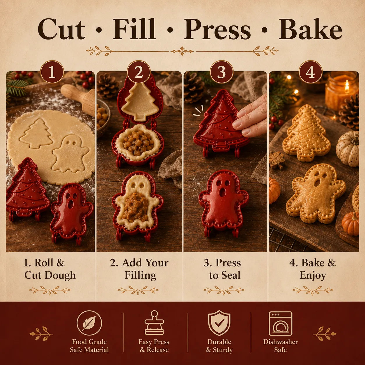 🎃🎄8 Festive Designs • Easy Hand-Press Molds • Perfect for Cookies, Mini Pies & Stuffed Pastries 🥧 Press, Fill & Bake Your Way Through the Holidays 😋
