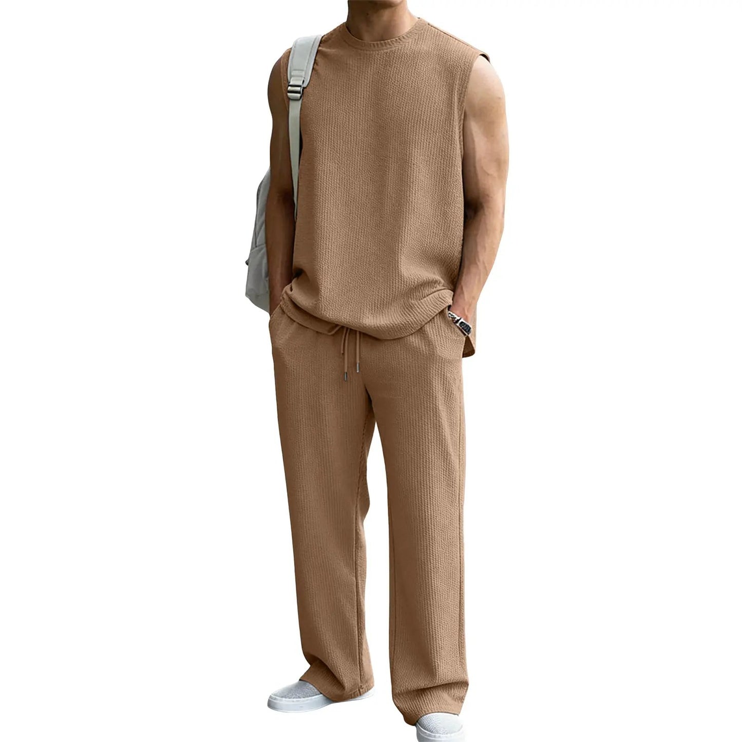 Men's 2 Piece Rib Knit Sweatsuit Summer Sleeveless Tank Top Baggy Wide Leg Pants Set - Black / S