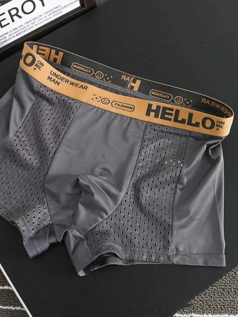 Men's striped letter print boxer briefs, casual, comfortable and breathable.