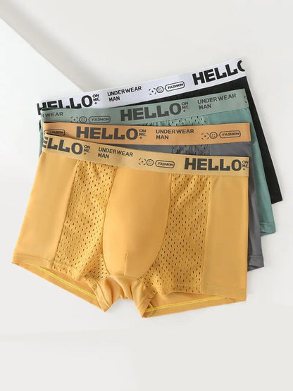 Men's striped letter print boxer briefs, casual, comfortable and breathable.