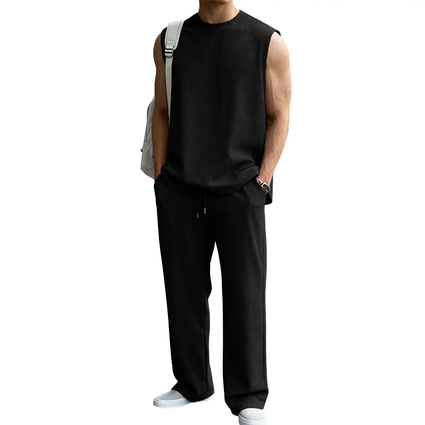 Men's 2 Piece Rib Knit Sweatsuit Summer Sleeveless Tank Top Baggy Wide Leg Pants Set - Black / S