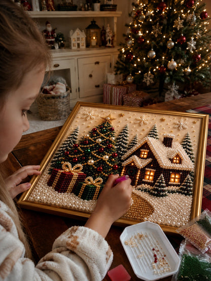 🎅 🎄 Premium 3D Pearl Christmas Wall Art Kit | Luxury Flocked Canvas with Scratch-Resistant Non-Fading Pearl Beads DIY Holiday Decor⛄️❄️