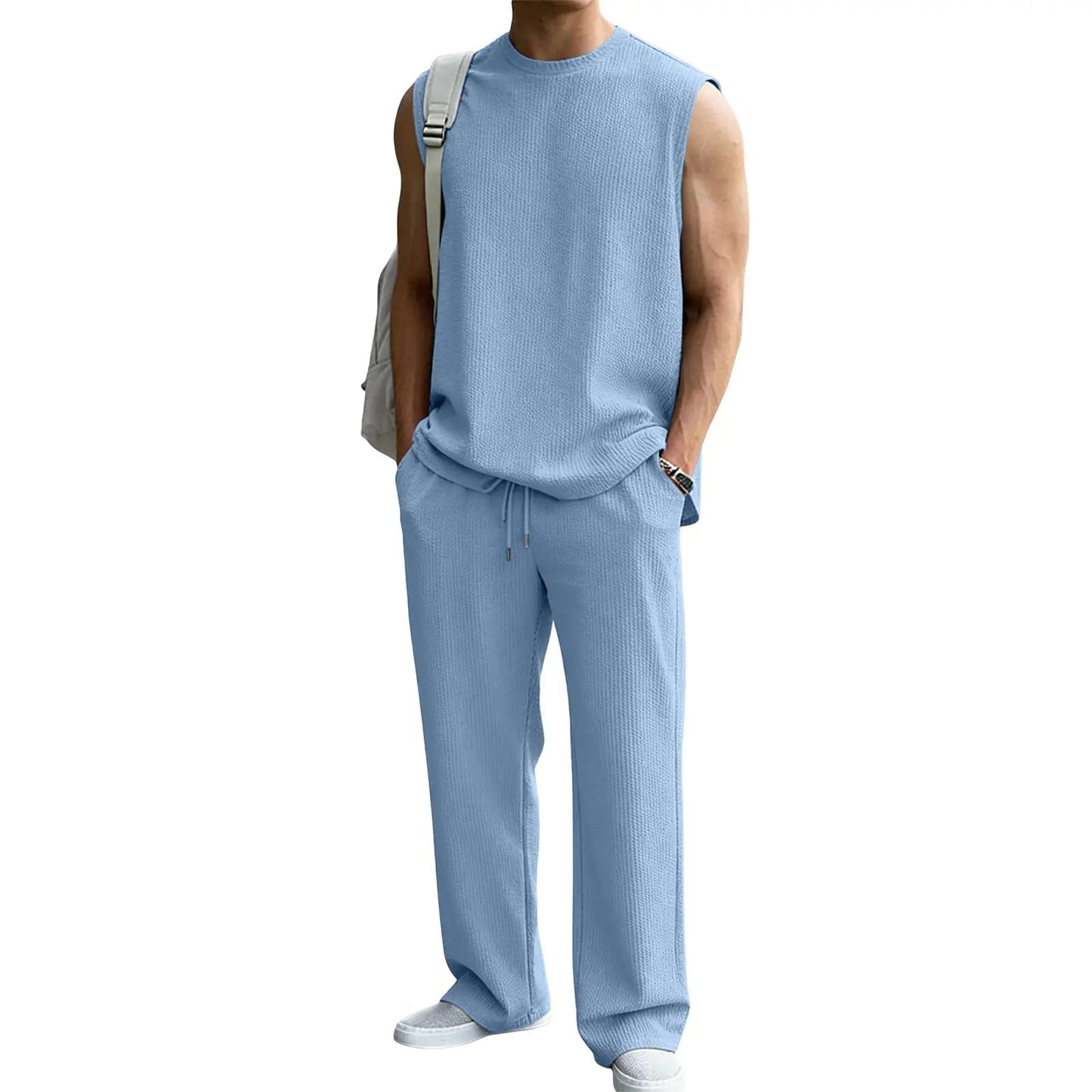 Men's 2 Piece Rib Knit Sweatsuit Summer Sleeveless Tank Top Baggy Wide Leg Pants Set - Black / S
