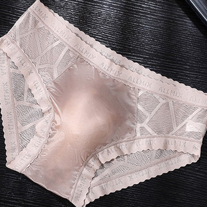 Men's seamless ice silk briefs with lace trim