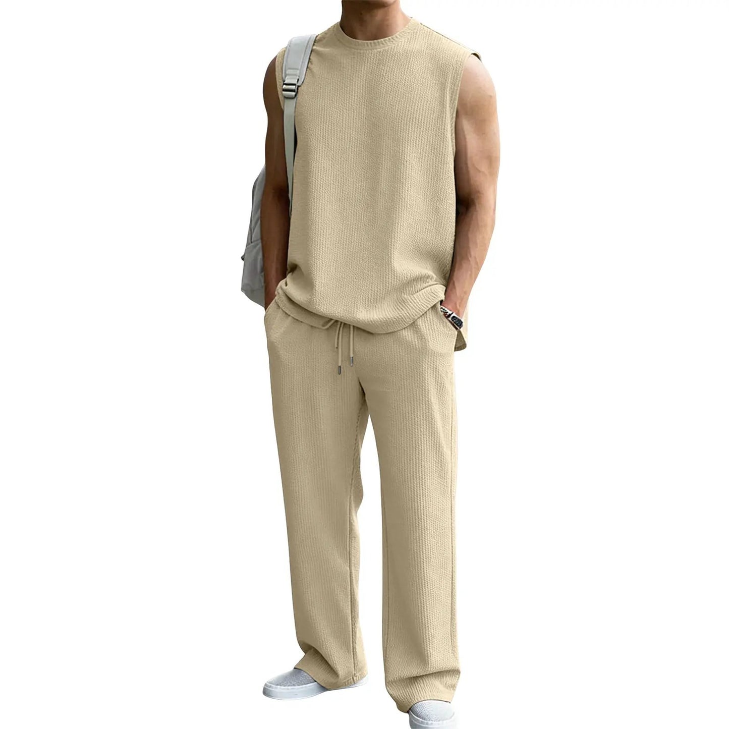 Men's 2 Piece Rib Knit Sweatsuit Summer Sleeveless Tank Top Baggy Wide Leg Pants Set - Black / S