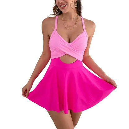 Women's Cut-Out One-Piece Swim Dress – V-Neck Wrap-Style with Tie-Back Detail
