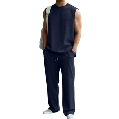 Men's 2 Piece Rib Knit Sweatsuit Summer Sleeveless Tank Top Baggy Wide Leg Pants Set - Black / S