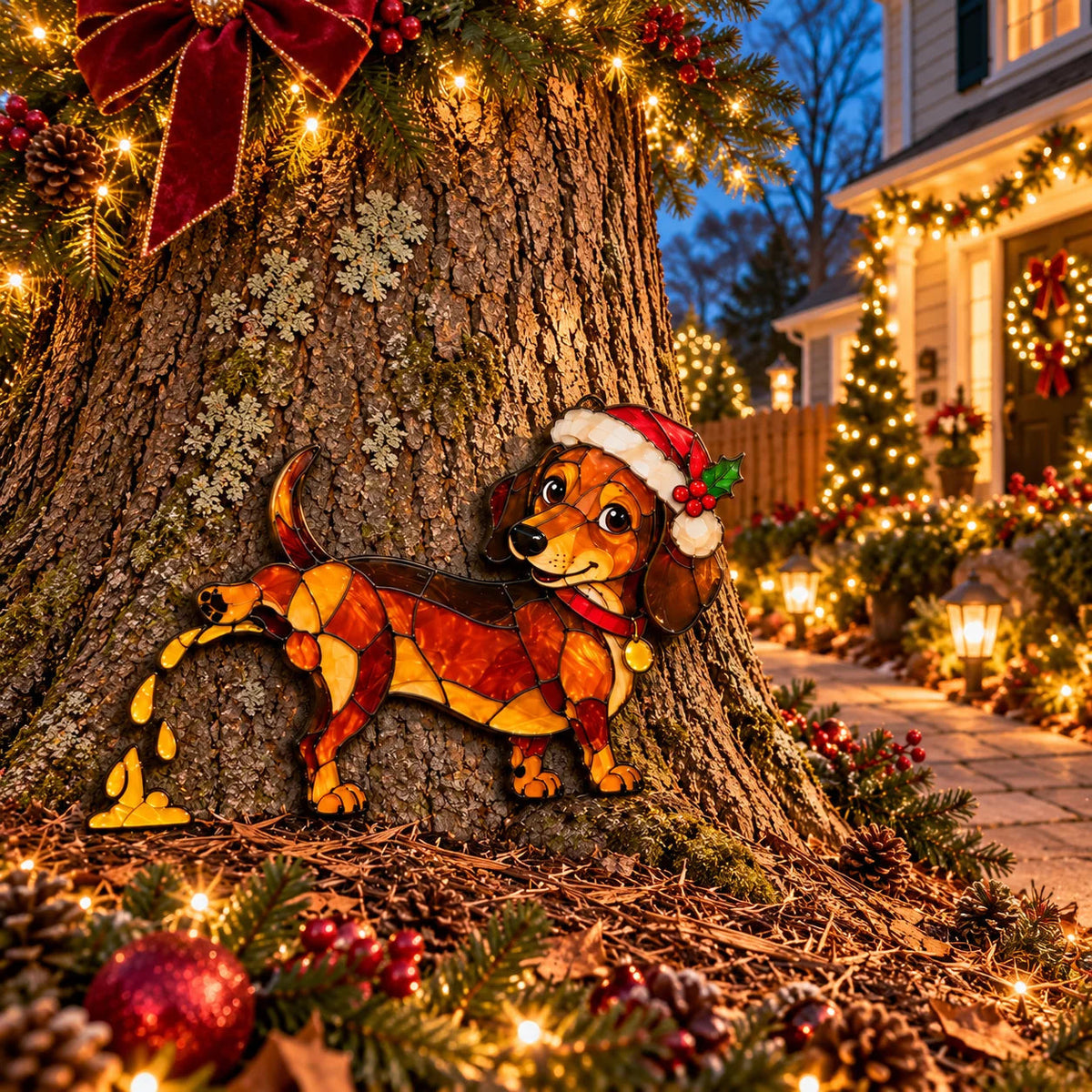 Funny Peeing Dachshund Christmas Decoration -Stained Glass-Style Sausage Dog Yard Art & Baseboard Decor