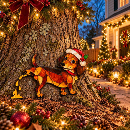 Funny Peeing Dachshund Christmas Decoration -Stained Glass-Style Sausage Dog Yard Art & Baseboard Decor