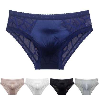Men's seamless ice silk briefs with lace trim