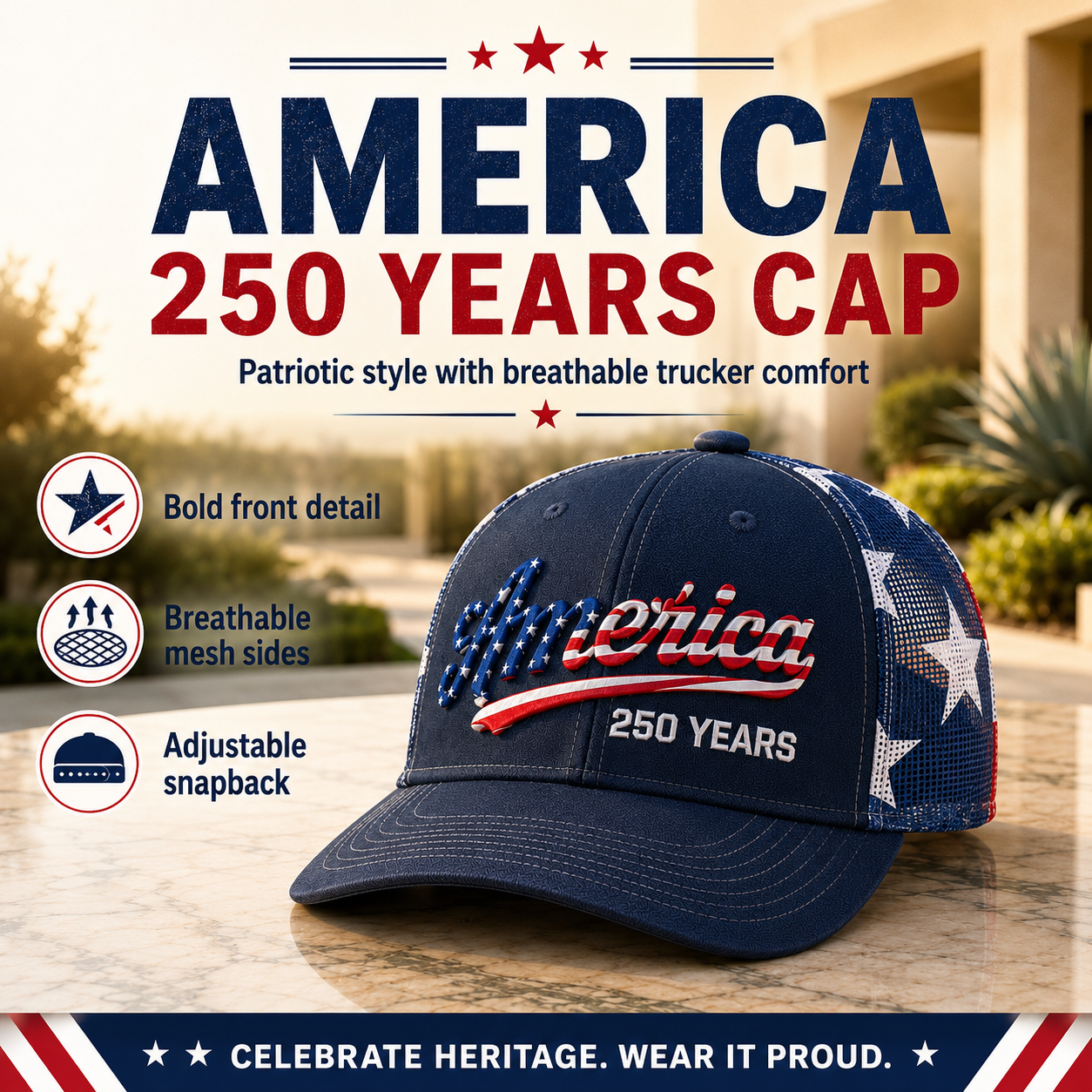 🔥 US America 250 Years Patriotic Embroidered Mesh Trucker Cap