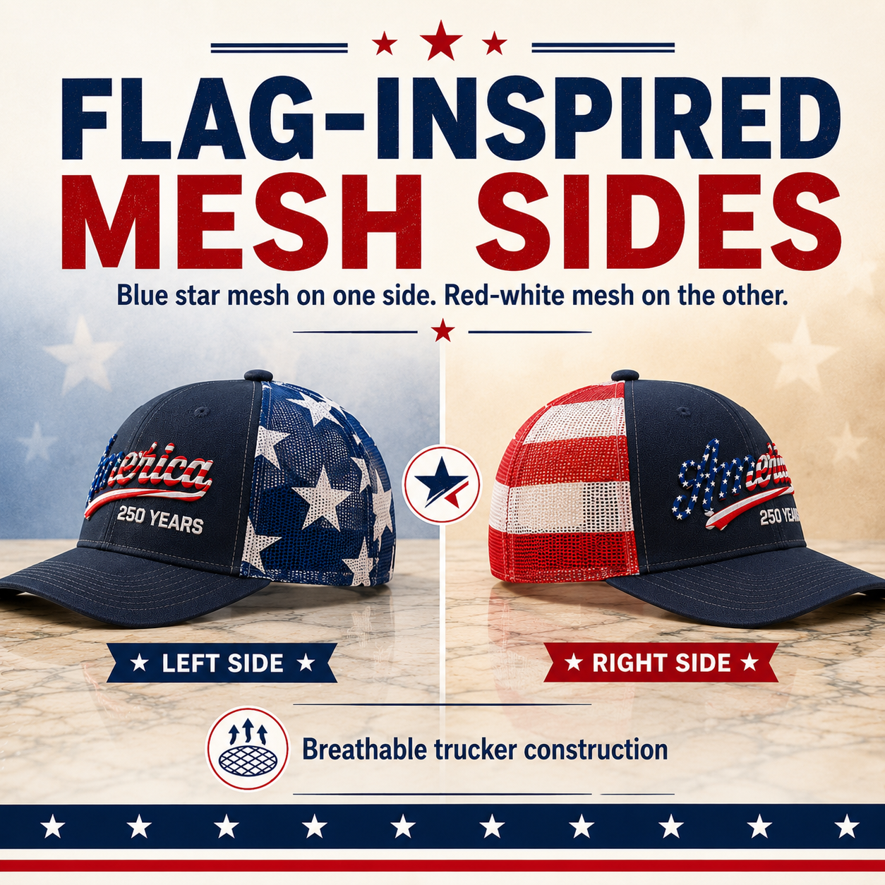 🔥 US America 250 Years Patriotic Embroidered Mesh Trucker Cap
