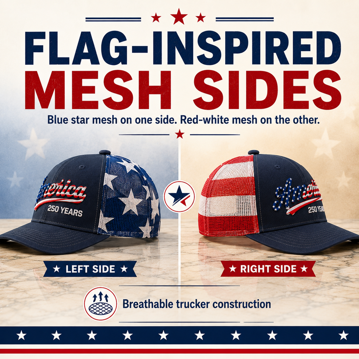 🔥 US America 250 Years Patriotic Embroidered Mesh Trucker Cap