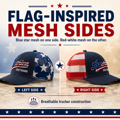 🔥 US America 250 Years Patriotic Embroidered Mesh Trucker Cap