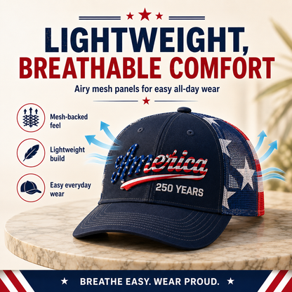 🔥 US America 250 Years Patriotic Embroidered Mesh Trucker Cap