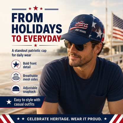 🔥 US America 250 Years Patriotic Embroidered Mesh Trucker Cap