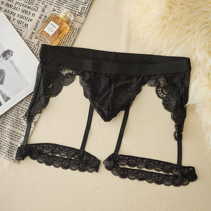 Men's floral lace tulle briefs with garter belt, breathable, comfortable, and sexy.