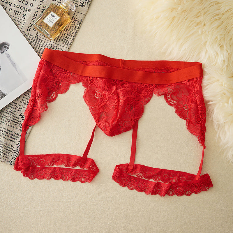 Men's floral lace tulle briefs with garter belt, breathable, comfortable, and sexy.