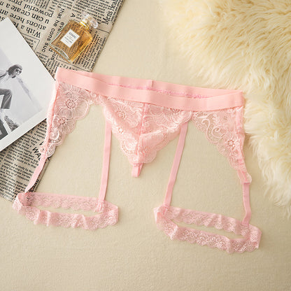 Men's floral lace tulle briefs with garter belt, breathable, comfortable, and sexy.