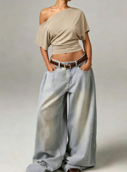 ⚡Hot Sales 49% OFF🔥Women Off Shoulder Crop Top, Soft Stretchy Slim Fit Short Sleeve Shirt, One Shoulder Casual Fashion Tee, Flattering Waist Fitted Top for Streetwear