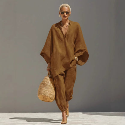 Loose Linen-Blend Two-Piece Set – Casual V-Neck Top + Joggers