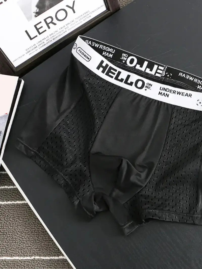 Men's striped letter print boxer briefs, casual, comfortable and breathable.