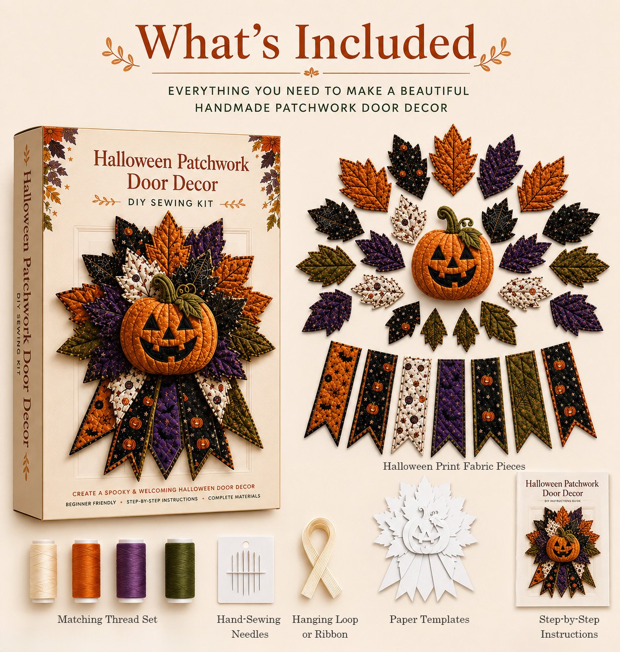 💥 LAST DAY 49% OFF - DIY Quilted Halloween Pumpkin Door Hanger Kit (✨Beginner-Friendly)