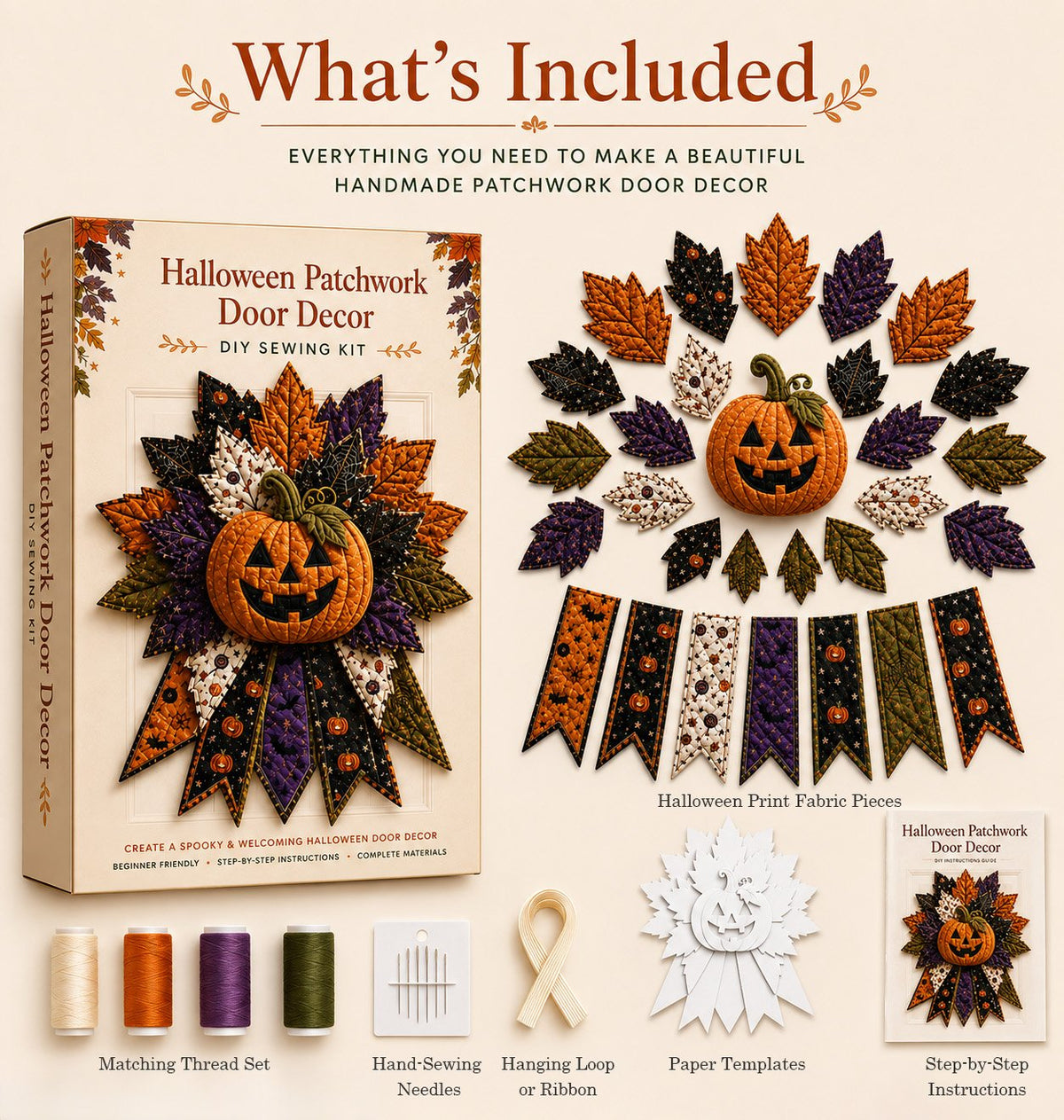 💥 LAST DAY 49% OFF - DIY Quilted Halloween Pumpkin Door Hanger Kit (✨Beginner-Friendly)