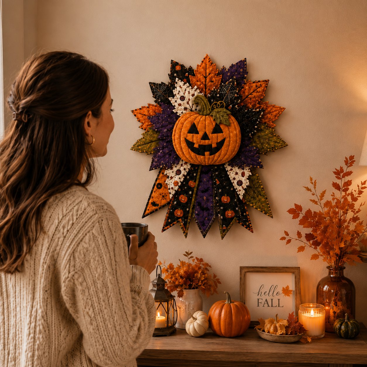💥 LAST DAY 49% OFF - DIY Quilted Halloween Pumpkin Door Hanger Kit (✨Beginner-Friendly)