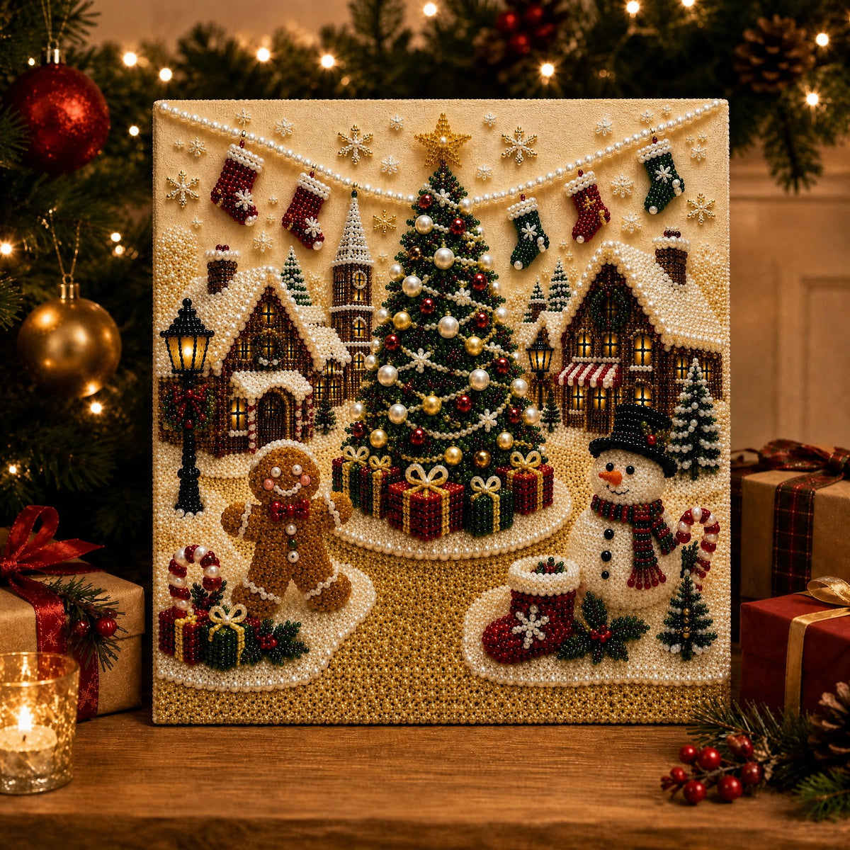 🎅 🎄 Premium 3D Pearl Christmas Wall Art Kit | Luxury Flocked Canvas with Scratch-Resistant Non-Fading Pearl Beads DIY Holiday Decor⛄️❄️