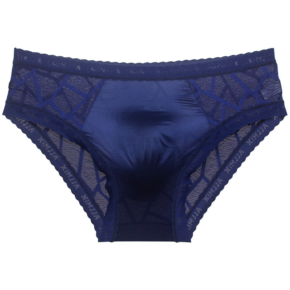 Men's seamless ice silk briefs with lace trim