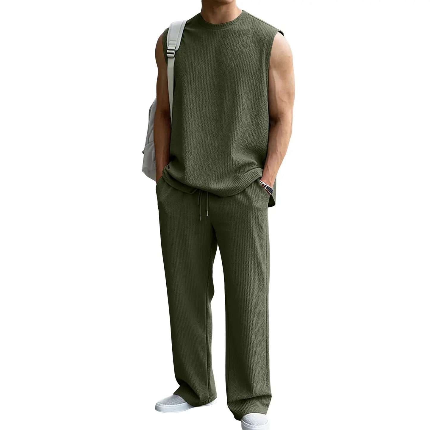 Men's 2 Piece Rib Knit Sweatsuit Summer Sleeveless Tank Top Baggy Wide Leg Pants Set - Black / S