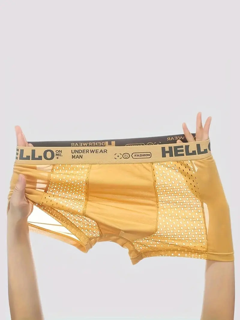 Men's striped letter print boxer briefs, casual, comfortable and breathable.