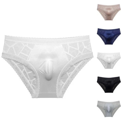 Men's seamless ice silk briefs with lace trim