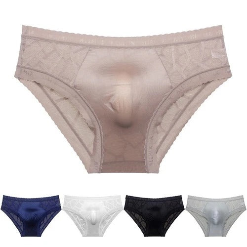 Men's seamless ice silk briefs with lace trim