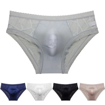 Men's seamless ice silk briefs with lace trim