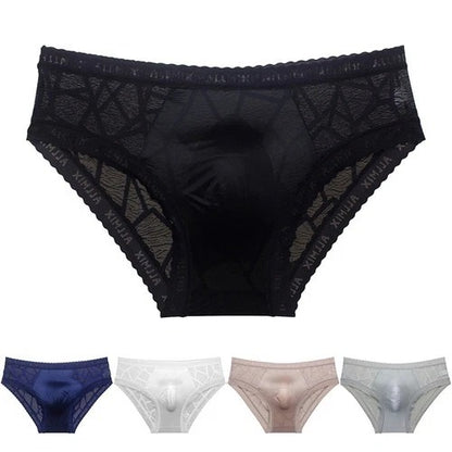 Men's seamless ice silk briefs with lace trim