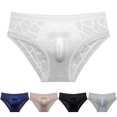 Men's seamless ice silk briefs with lace trim