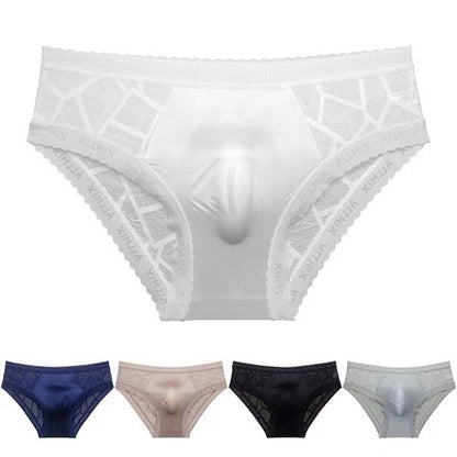 Men's seamless ice silk briefs with lace trim